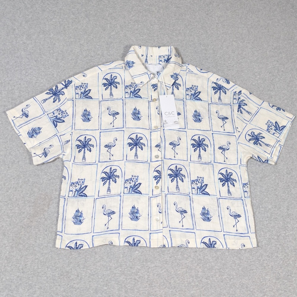 C&C California 100% Linen Button Up Top Womens Medium Tropical Hawaiian New